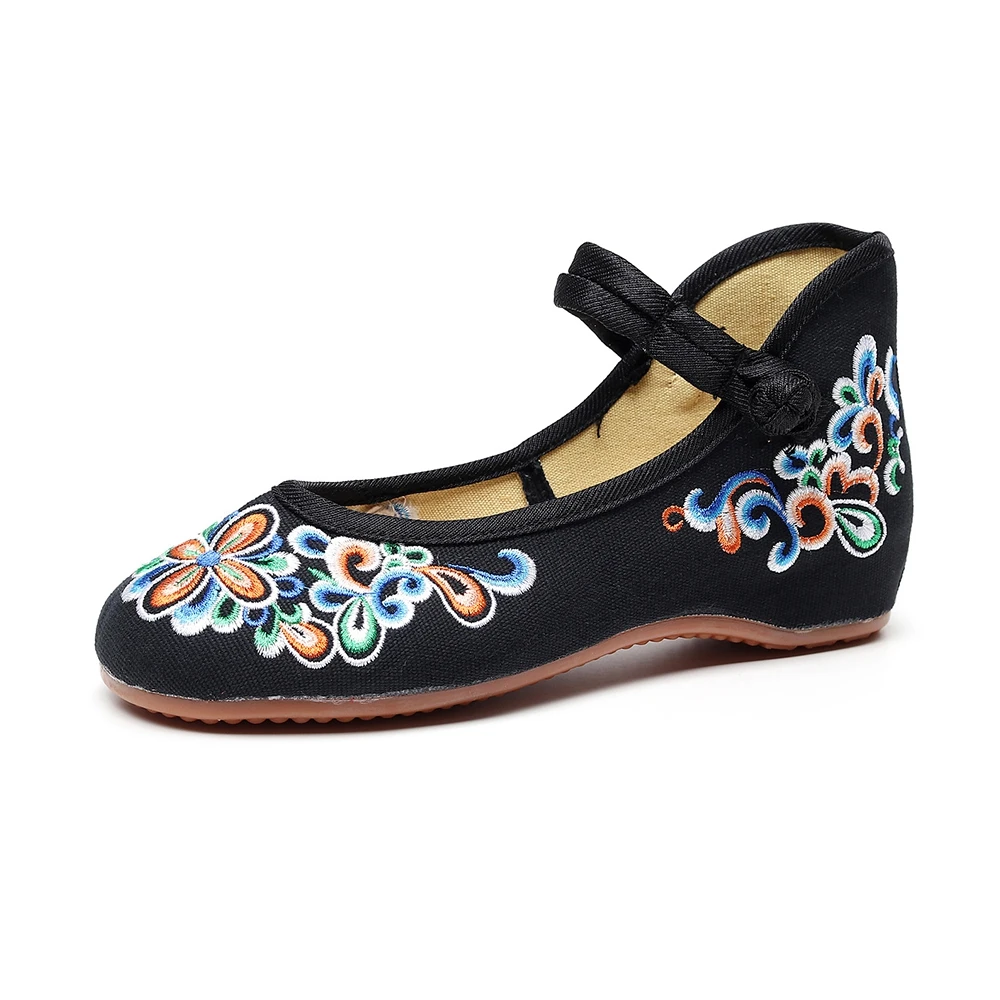 Veowalk Vintage Embroidery Women Cotton Mary Jane Flat Shoes Comfortable Ladies Walking Ballerinas Large Size 10 11 Black Blue