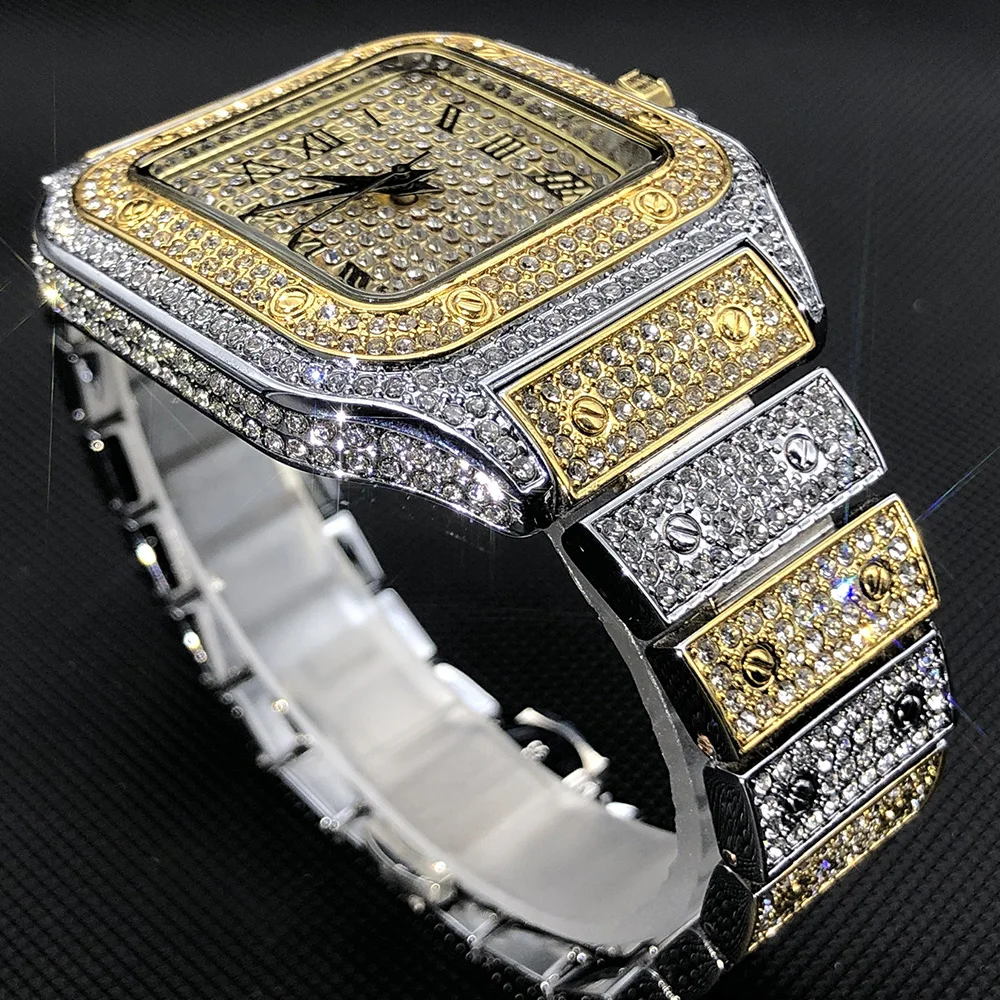 MISSFOX White Gold Men Watches Top Brand Luxury Full Diamond Square Quartz Male Watch Hip Hop Ice Out Waterproof Clock Gift 2021