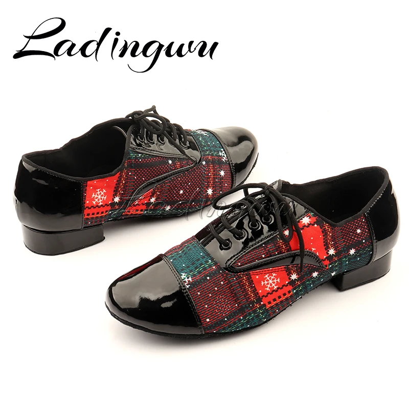 Ladingwu Men Low-heeled Dance Shoes Latin Dance Shoes Men Salsa Tango Ballroom Dance Shoes PU and Denim Christmas Doodle Blue