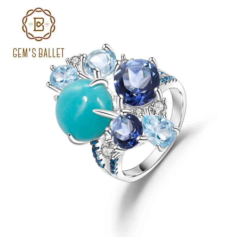 GEM'S BALLET 925 Sterling Silver Statement Rings Natural Amazonyte Blue Topaz Gemstone Candy Ring for Women Fine Jewelry