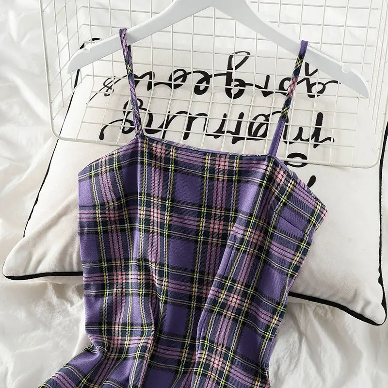 Plaid Goblincore Aesthetic Purple Harajuku Korean Sling Dress Summer Hollow Out Slim Casual Sexy Turtleneck Teens Flare Sleeve