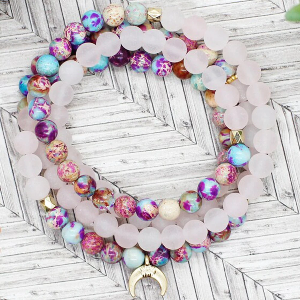 

MG1342 Natural 6 mm Matte Rose Quartz Wrap 108 Mala Bracelet Fashion Women`s Purple Jasper Moon Charm Healing Spiritual Jewelry