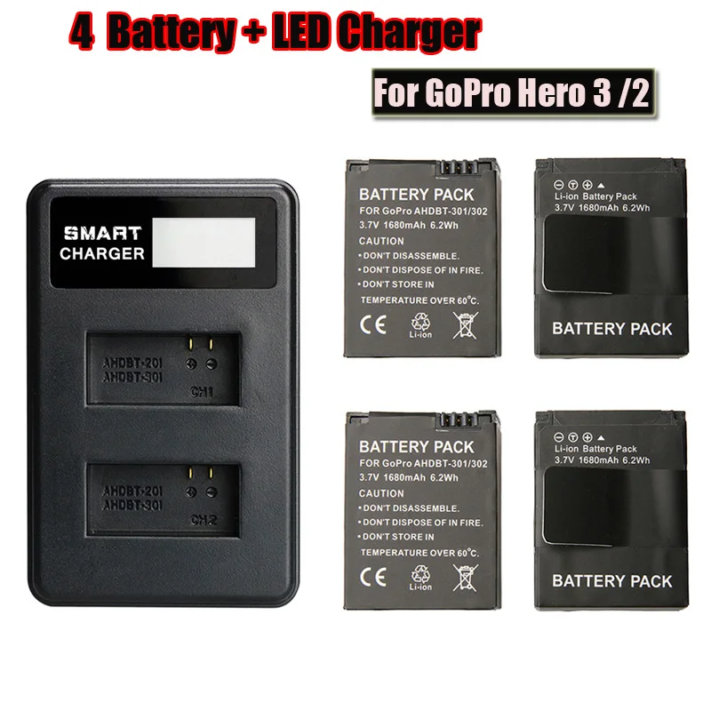 4pcs AHDBT-301/302 Battery+Double slot LCD Screen Display USB Charger Kit for Gopro hero3 3+ Action camera accessories