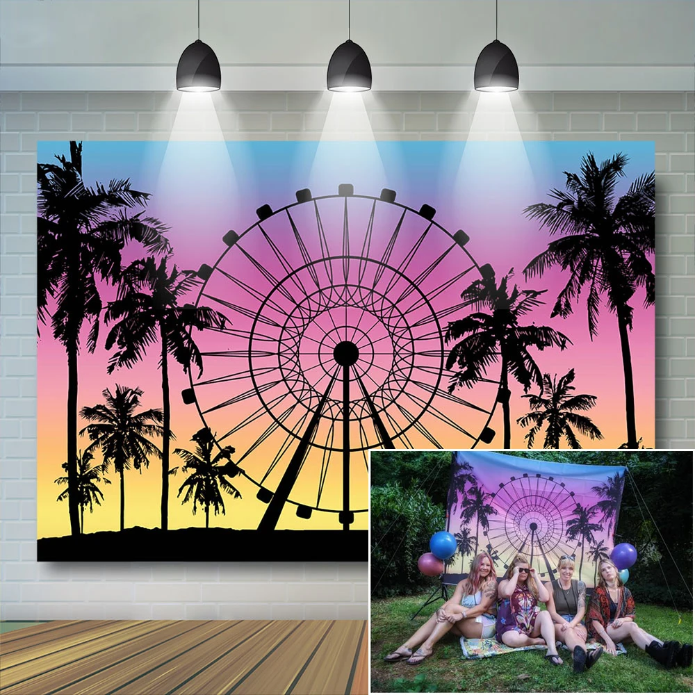 Sunset Summer Party Backdrop Beach Sea Photography Adult Child Background Props Ferris Wheel Camping Kids Baby Photo Studio