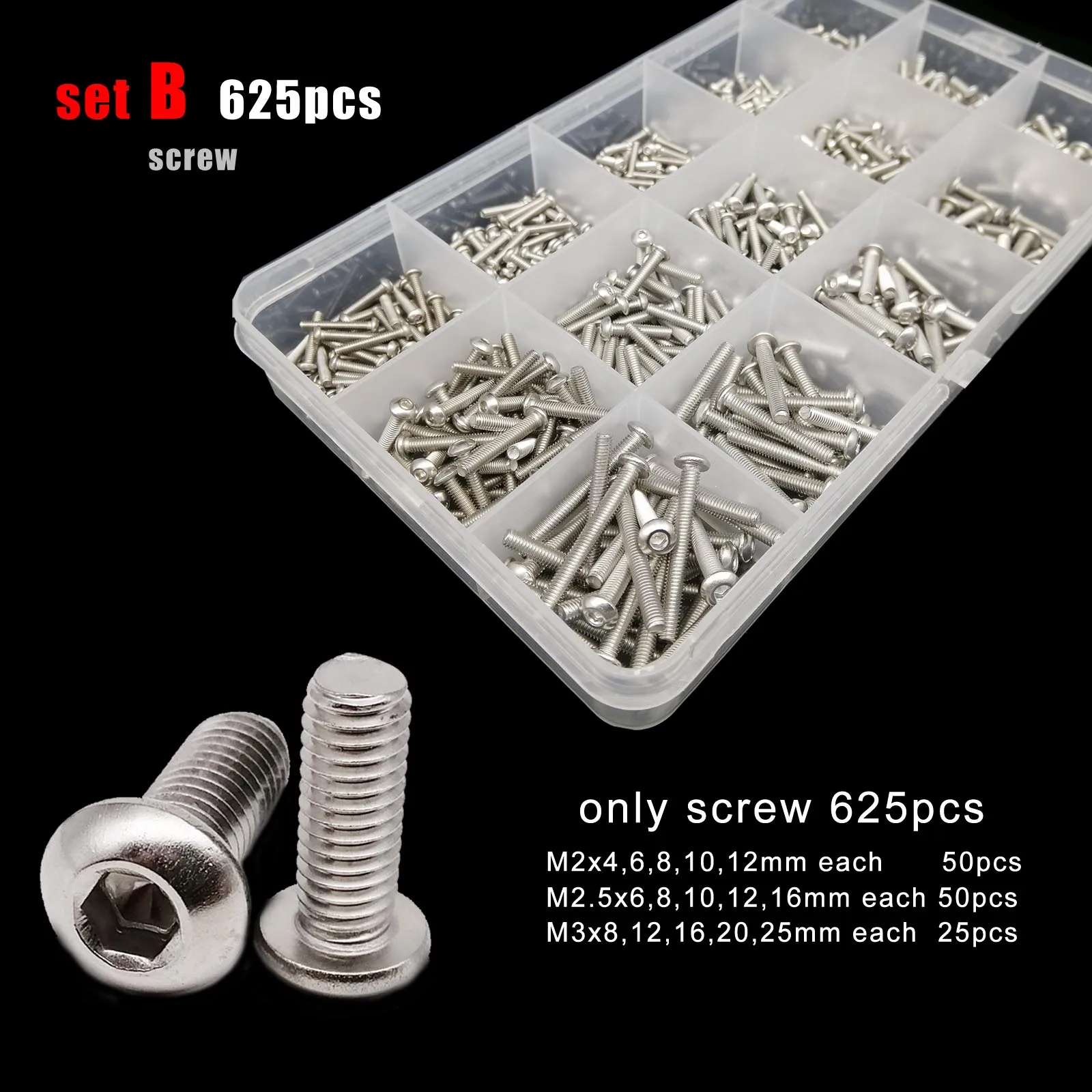 Assortment Kit M1.6 M2 M2.5 M3 M4 M5 304 A2 Stainless Steel Allen Hexagon Hex Socket Button Round Head Screw Bolt Nut Washer Set