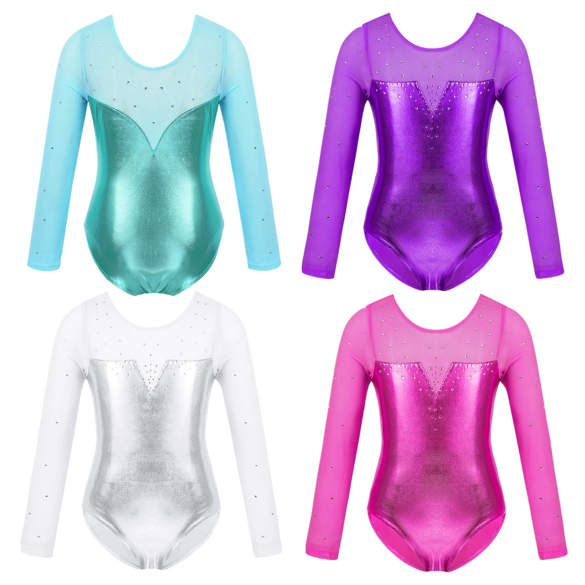 Kids Girls Rhinestone Ballet Dance Leotard Figure Skating Rhythmic Gymnastic Performance Costume Long Sleeve Sheer Mesh Bodysuit