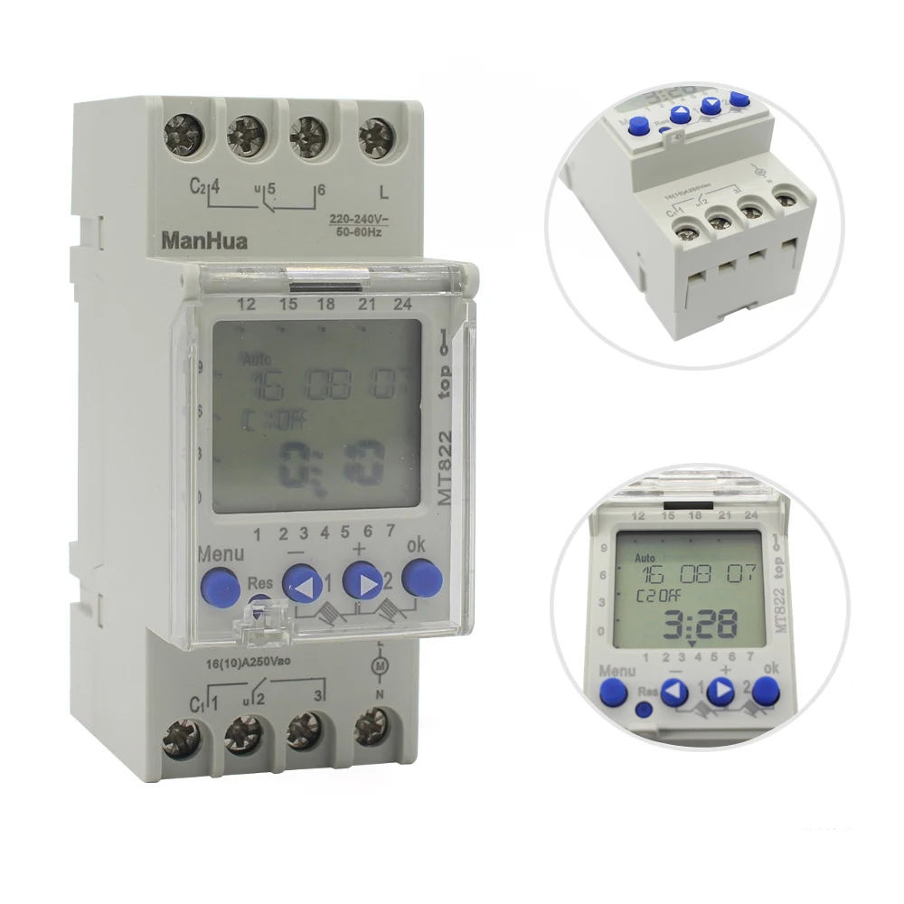 ManHua 250VAC MT822 2 Channels With LCD Display 7 Days Cycle Multi-functional Digital Timer Switch