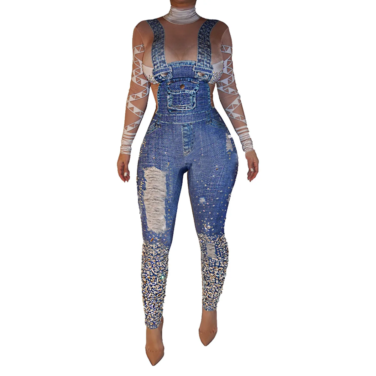 

Denim Jumpsuits Autumn Winter Women Fashion Suspender Print Jumpsuit Overalls Women Sexy Turtleneck Slim Jumpsuit