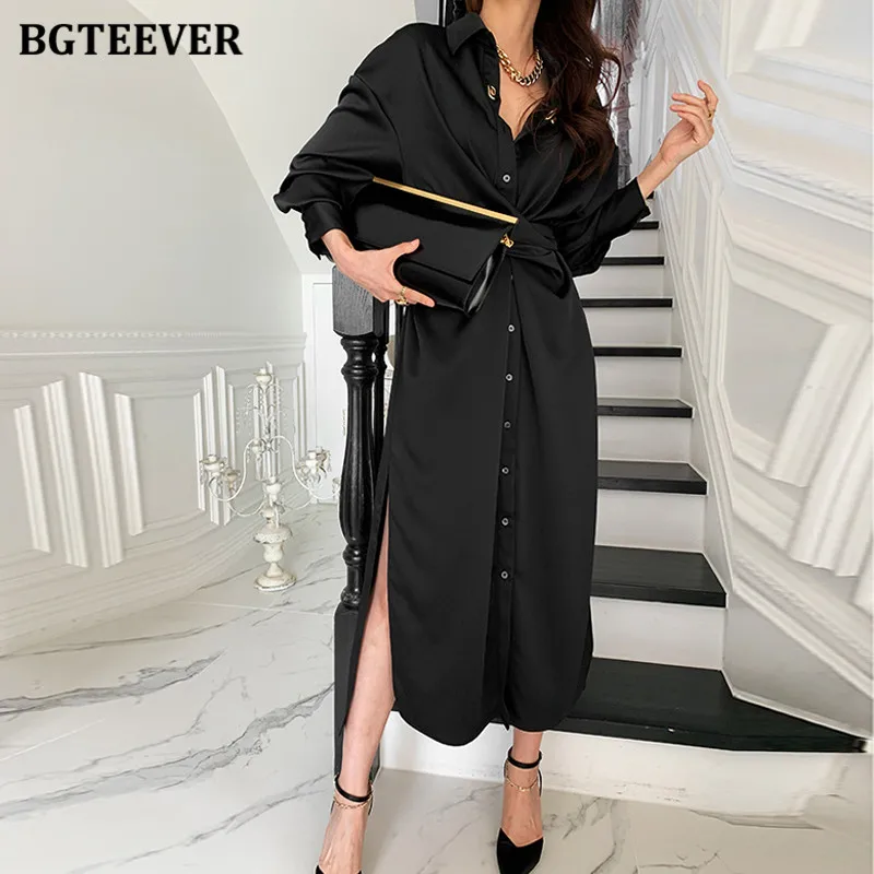 BGTEEVER Summer Turn-down Collar Women Midi Dress Full Sleeve Single-breasted Female Shirt Dress Ladies Side Split Solid Vestido