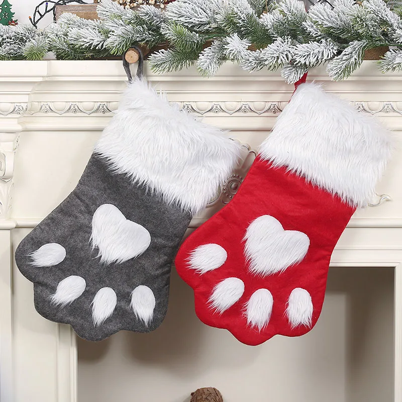 

Christmas items DIY Christmas Stockings Pet Paw Stockings Fireplace Hanging Gift Bags 1pcs for Holiday Xmas New Year Decorations