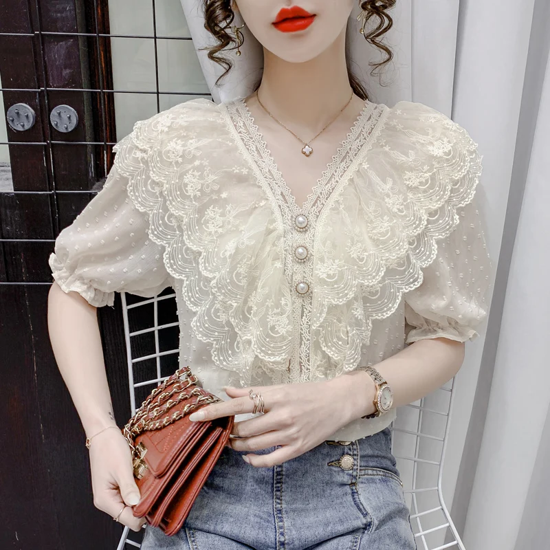 

Women Summer Sweet Blouse Shirt Ladies French Retro Palace Blusas Short Sleeves V Neck Shirts Femininas Office Lady Cool Tops