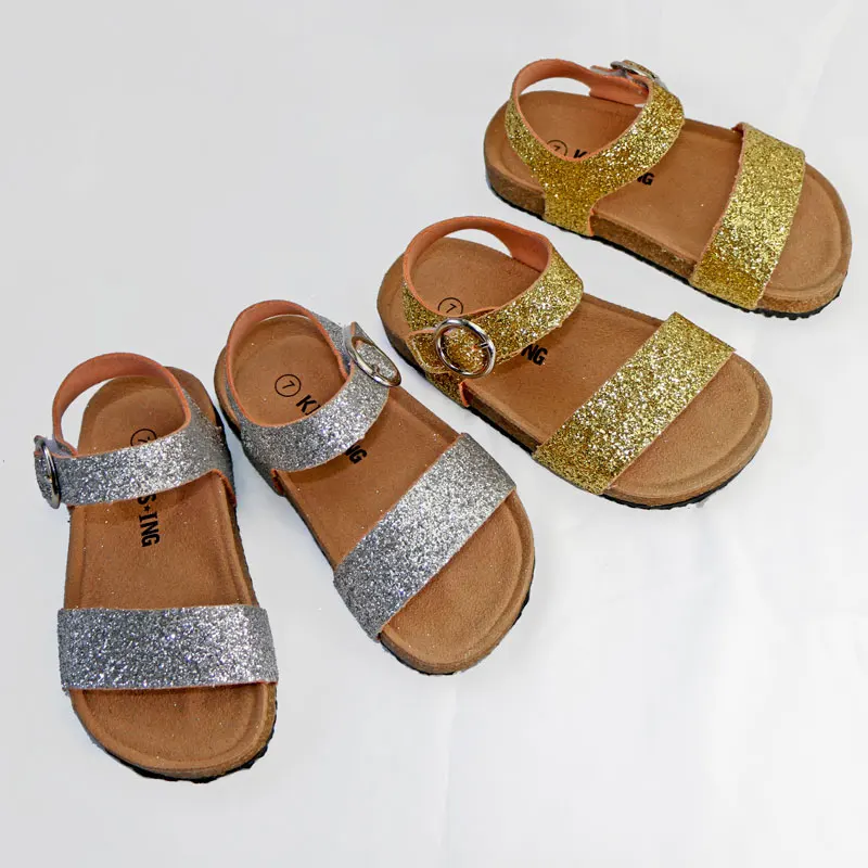 2020 New Summer Giltter Kids Sandals Corks Girls Shoes HOOK&LOOP PU Leather Bling Beach Slides Casual Shoes Slip On Orthopedic