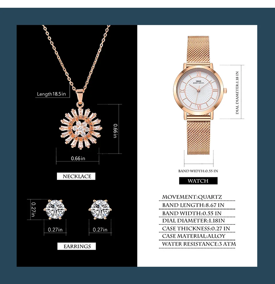 Luxury Elegant Lover Gift To Girls Watch Set for Women Copper Necklace Earrings Stainless Strap Watches Lady Watch for Women