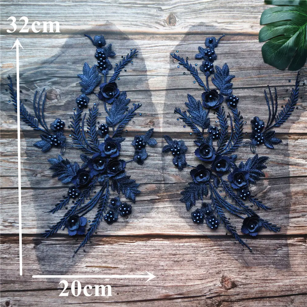 2PCS Navy Blue Lace Fabric 3D Flower Tassel Beads Rhinestone Embroidered Wedding Appliques Sew Patch For Dress DIY Decoration