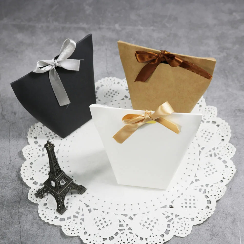 20Pcs New Blank Kraft Paper Bag White Black Candy Bag Wedding Favors Package Birthday Party Decoration Bags With Ribbon Bag