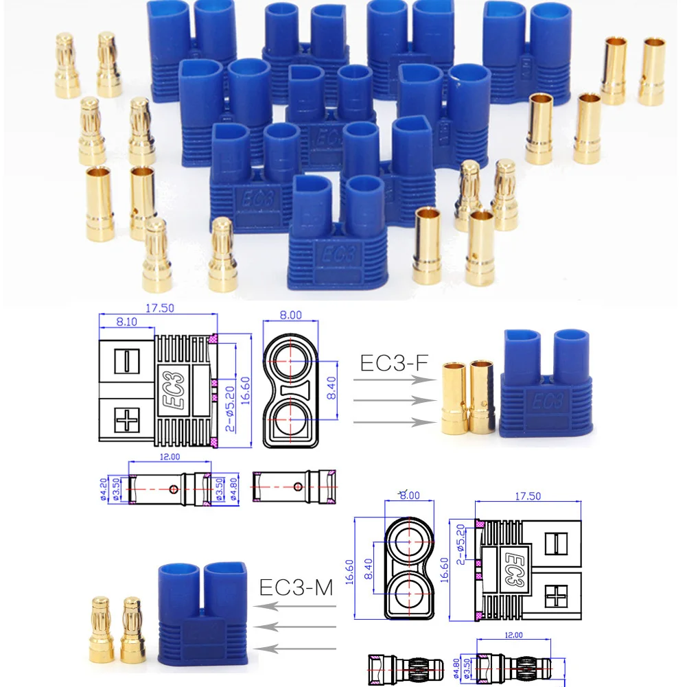 5pair Amass EC2 EC3 EC5 Battery Connector Kit Male Female 2.0mm 3.5mm 5.0mm Gold Plated Banana Plug for RC Battery Model Parts