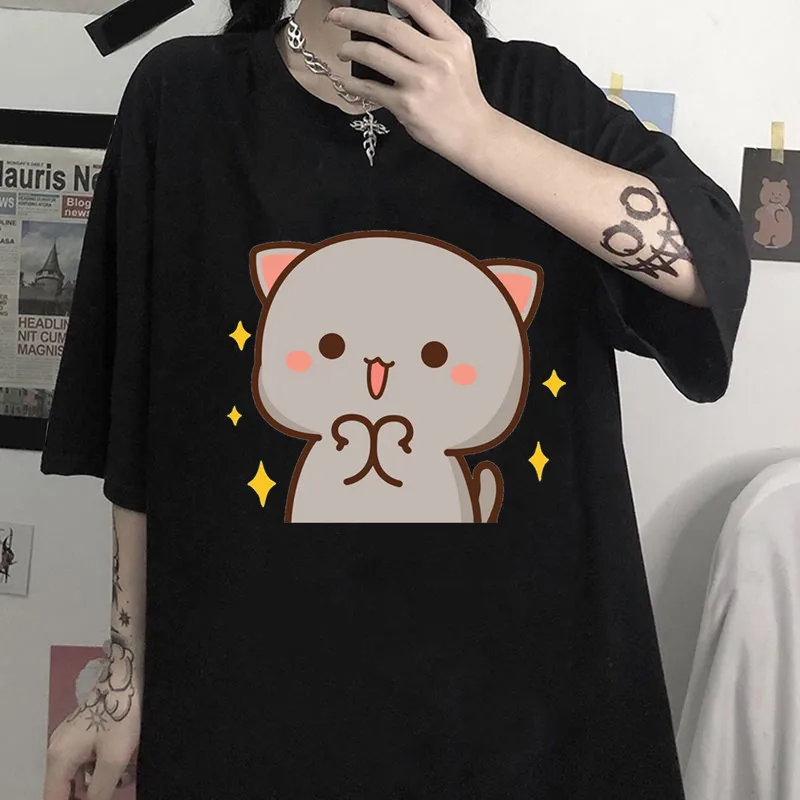 Camiseta con estampado de gato melocotón Mochi para mujer, camiseta blanca y negra, Tops harajuku vintage, estética gótica, ropa punk con gráfico de Anime, Hip Hop