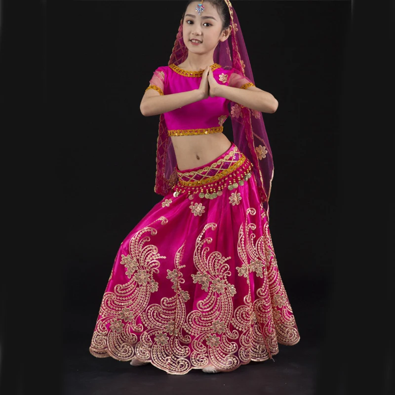 

Girls Chinese Traditional Style Xinjiang Dance Performance Costume Sexy Mesh Sequin Embroidered Lace Children Belly Dance Suit