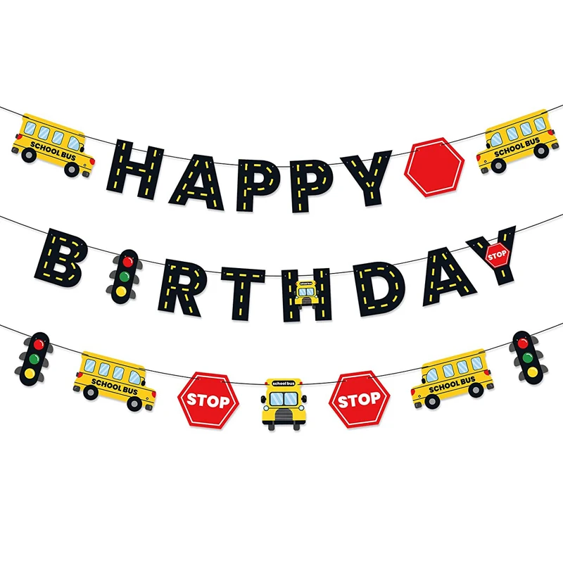 School bus themed children's birthday party decorations, happy Birthday banners