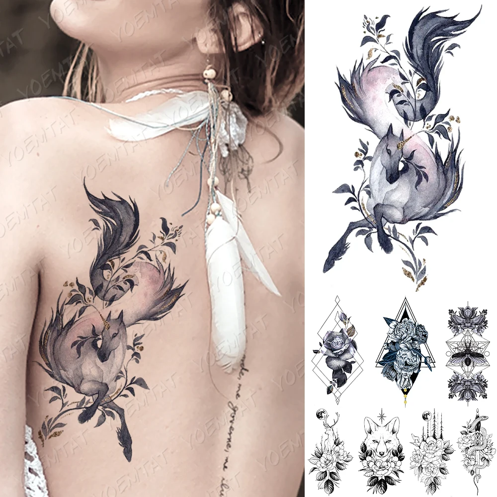 

Waterproof Temporary Tattoo Sticker Unicorn Rose Peony Moth Tattoos Snake Fox Deer Body Art Arm Fake Sleeve Tatoo Women Men