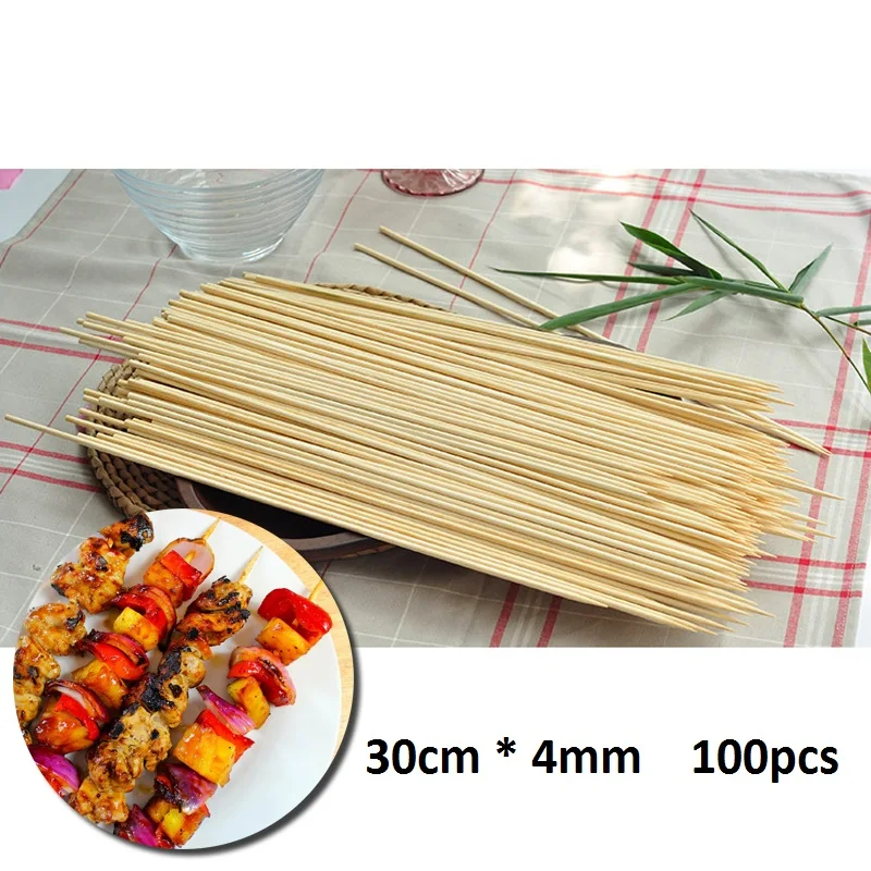 30cm x 4mm 100pcs Disposable Bamboo Skewers Natural Wood BBQ Skewers Potato Tower Sticks for Meat Apple Candy Restaurant Bar