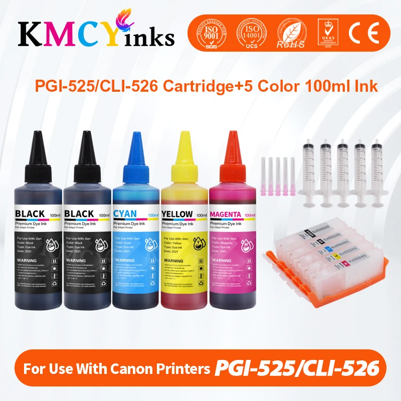 

KMCYinks PGI-525 CLI-526 XL Ink Cartridges + PGI 525 500ml Dye Ink For Canon IP4850 IP4950 IX6550 MG5150 MG5250 MX715 Printer