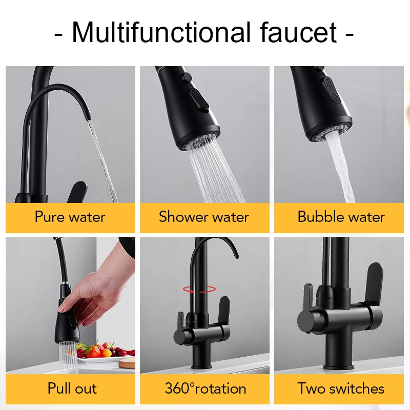 Deck Mounted Black Kitchen Faucets Pull Out Hot Cold Water Filter Tap for Kitchen Three Ways Sink Mixer Kitchen Faucet