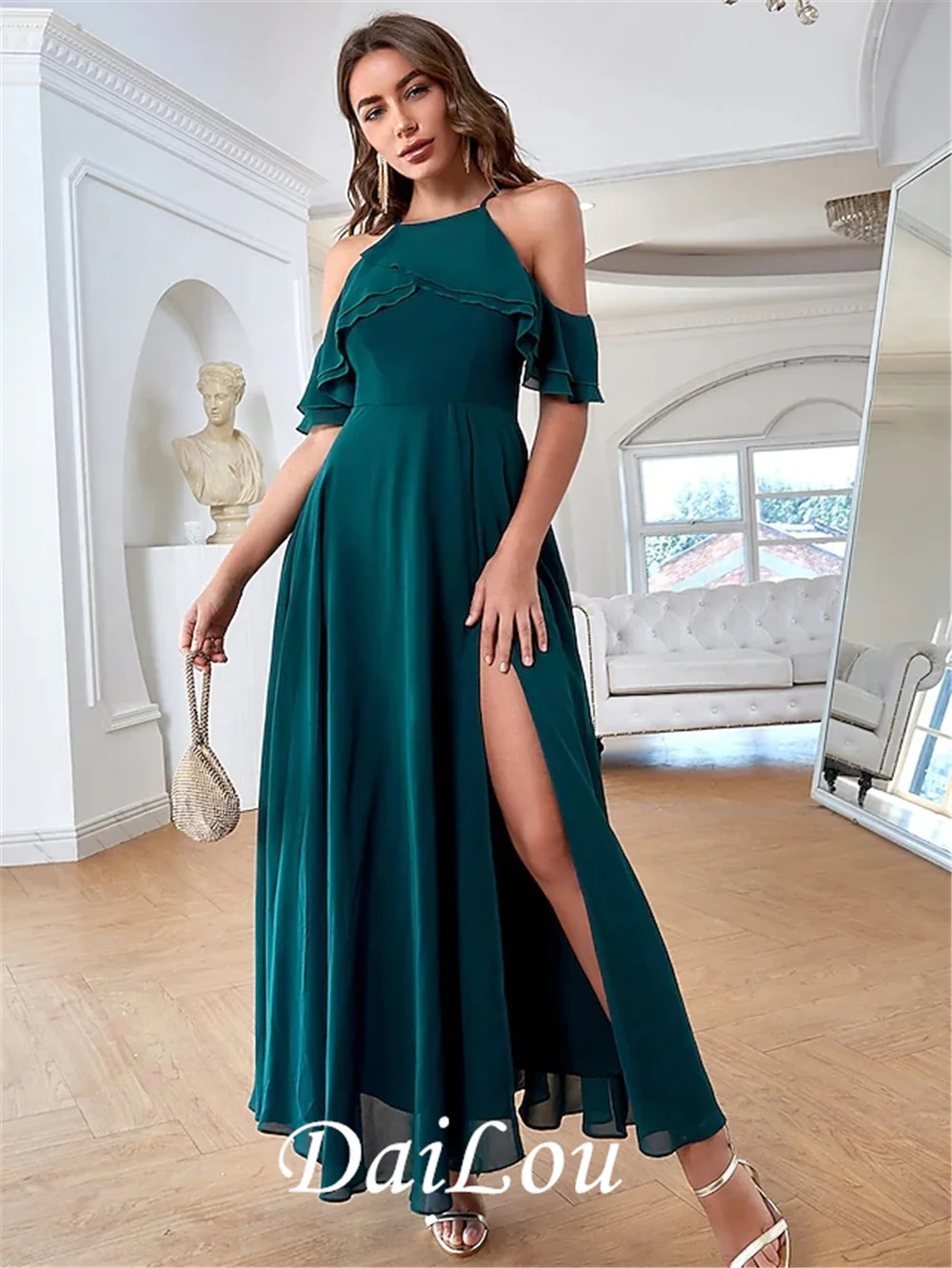 A-Line Elegant Vintage Party Wear Formal Evening Dress Spaghetti Strap Short Sleeve Ankle Length Chiffon with Ruffles Split 2022