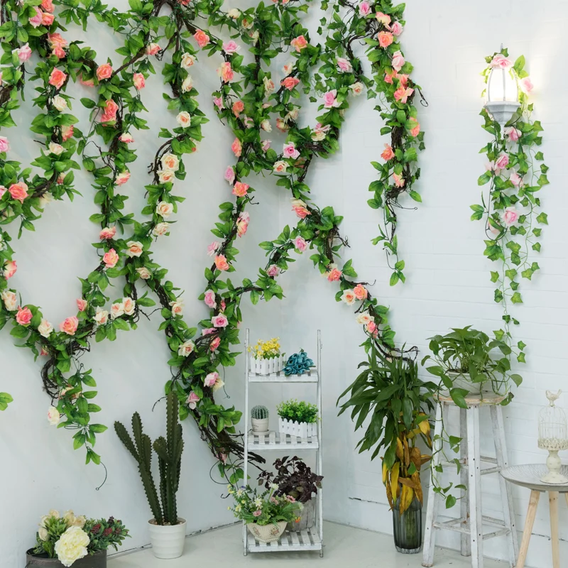 

235cm Roses Artificial Silk Flowers Ivy Vines Green Garland Home Wedding Garden Christmas Branch Decoration Wall Hanging Rattan