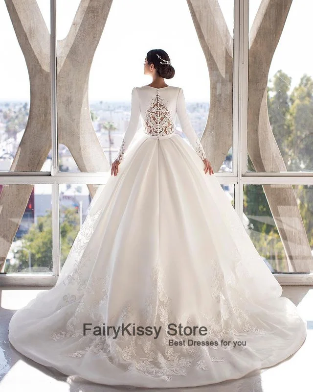 FairyKissy Long Sleeve Lace Wedding Dresses Satin V Neck Bridal Dresses 2022 Newest A-line Wedding Gown Plus Size Robe de mariee