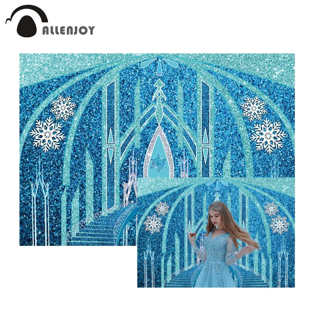 Allenjoy Winter Ice Castle Backdrop Princess Palace Shiny Blue Snowflake Birthday Party Supplies Photography Decor Background