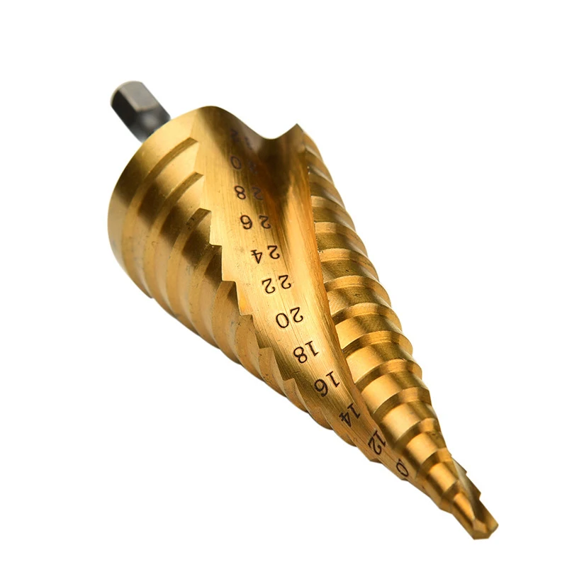 Punte da trapano a gradino scanalate a spirale in titanio Hss 4-12mm 4-20mm 4-32mm Utensili da taglio a cono a gradini Punte da trapano per fori metallici per la lavorazione del legno