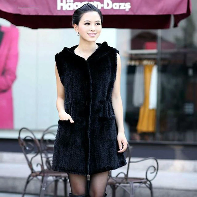 Fashion winter long ladies knitted real mink fur vest, ladies warm mink fur coat, soft and natural real mink fur hooded vest