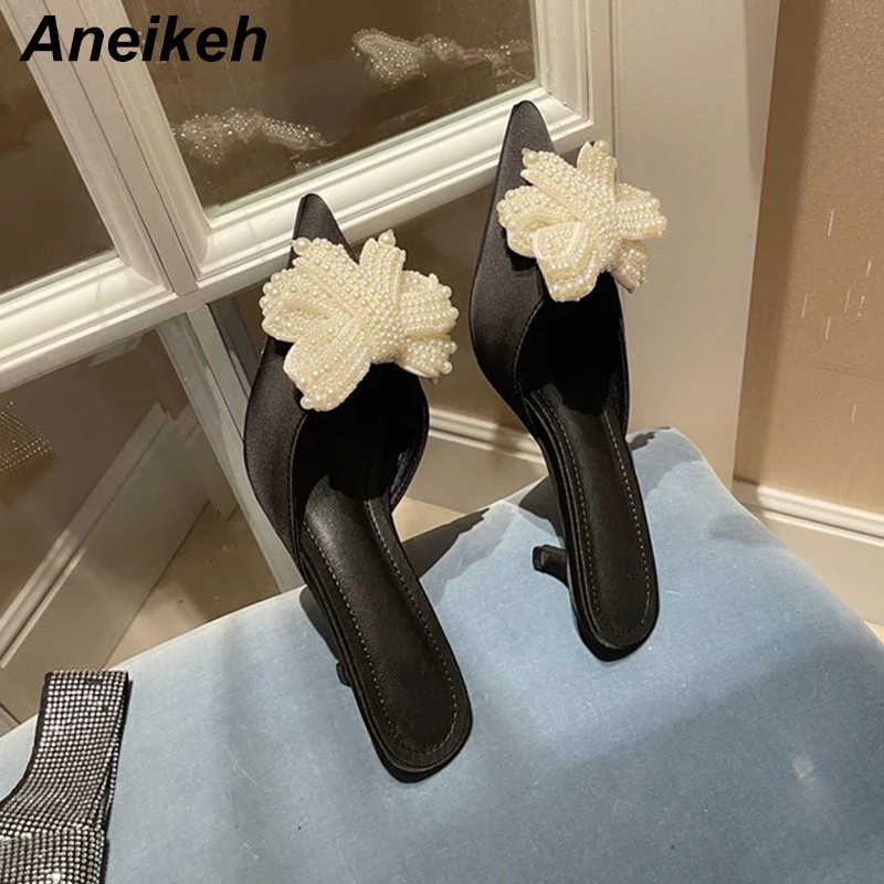 Aneikeh Summer Fashion Women\'s Thin Heels Outside String Bead Basic Polka Dot Microfiber Butterfly-Kno Shallow  Black Size 35-40