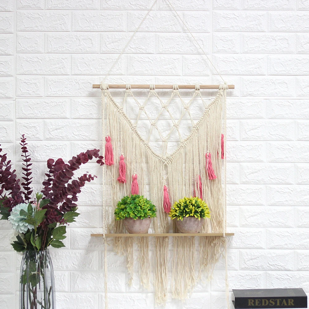 New Boho Macrame Wall Hanging Shelf 1/2/3 Tier Handmade Woven Tassel Wood Organizer Shelves Wall Floating Hanger For Home Decor