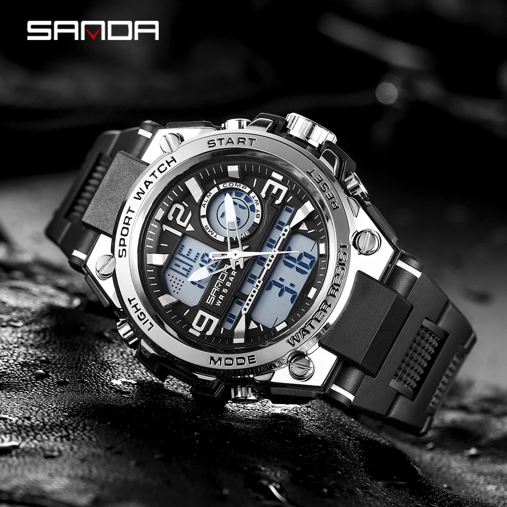 SANDA Quartz Wristwatches Mens Top Brand Waterproof Double Display G Style LED Digital Watch Men Military Sport Date Clock