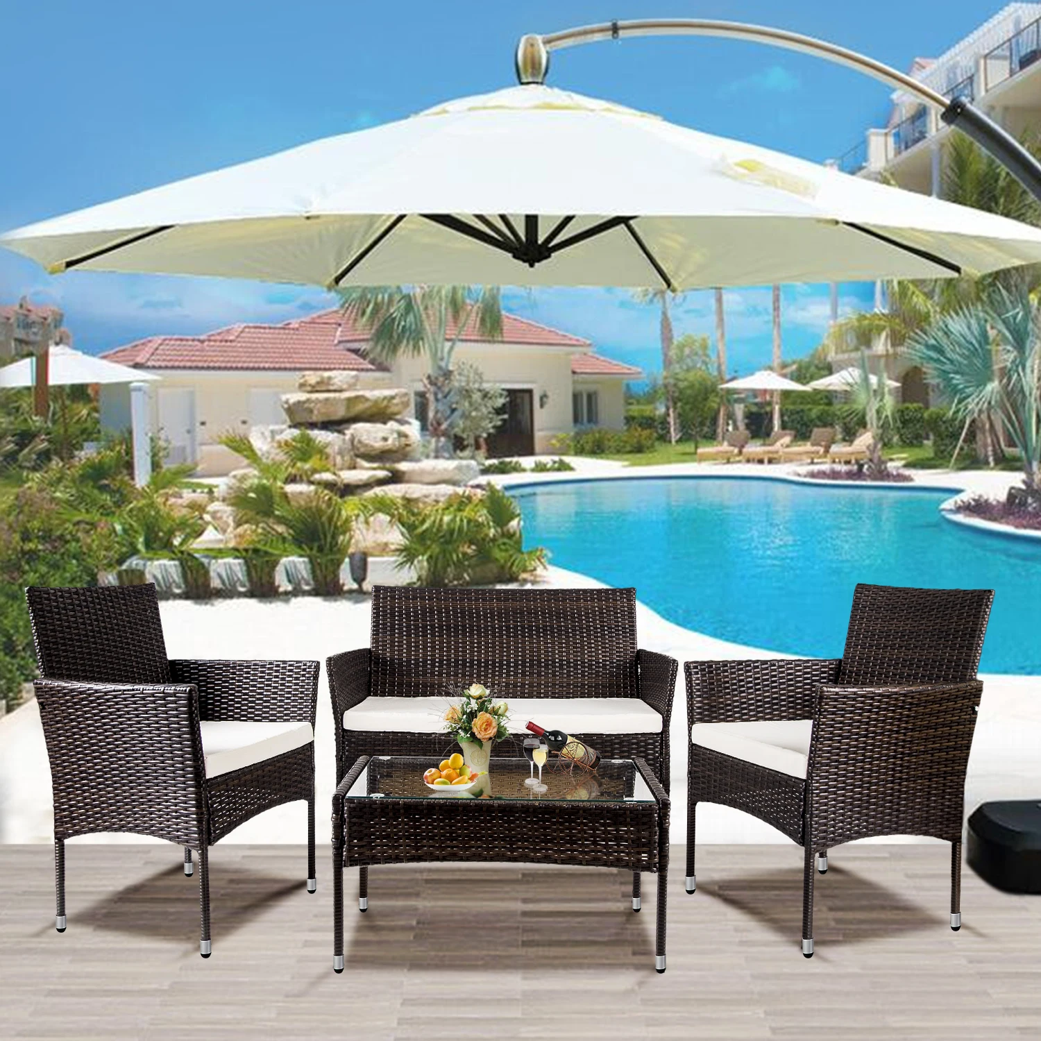 4Pcs Outdoor Garden Patio Furniture Set Rattan Include 1 2-Seat Sofa+2 Arm Chairs+1 Tea Table Brown w/ White Cushion[US-Depot]