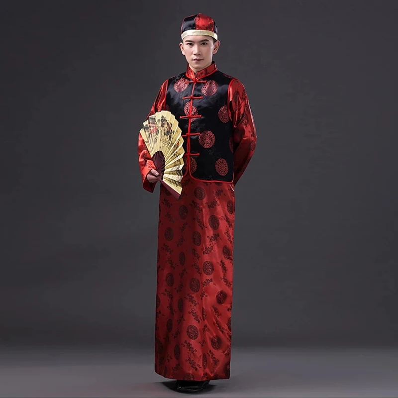 Men Chinese Folk Costume Robe + Vest Male Tang Suit Chinese Traditional Costume Red Groom Clothes Chinese Movie Costume 16