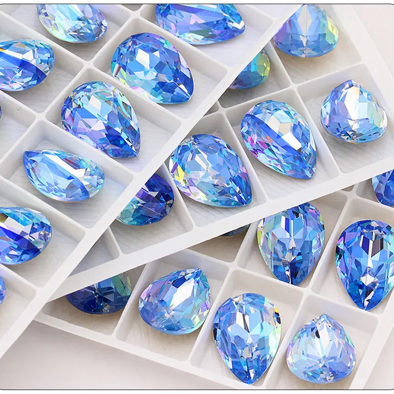 Blue Rhinestones Pointback 7x10mm Shiny Glue On Nails Glass Strass High Quality K9 Glass DIY Crystal Stones