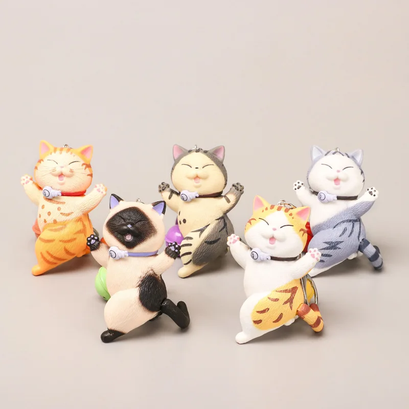 9 Pcs/Lot Cute Happy Cat Keychains Chubby Kitten Keyring Trinket Bag Ornament Cartoon Car Keys Chains Turned Cat Women Jewelry