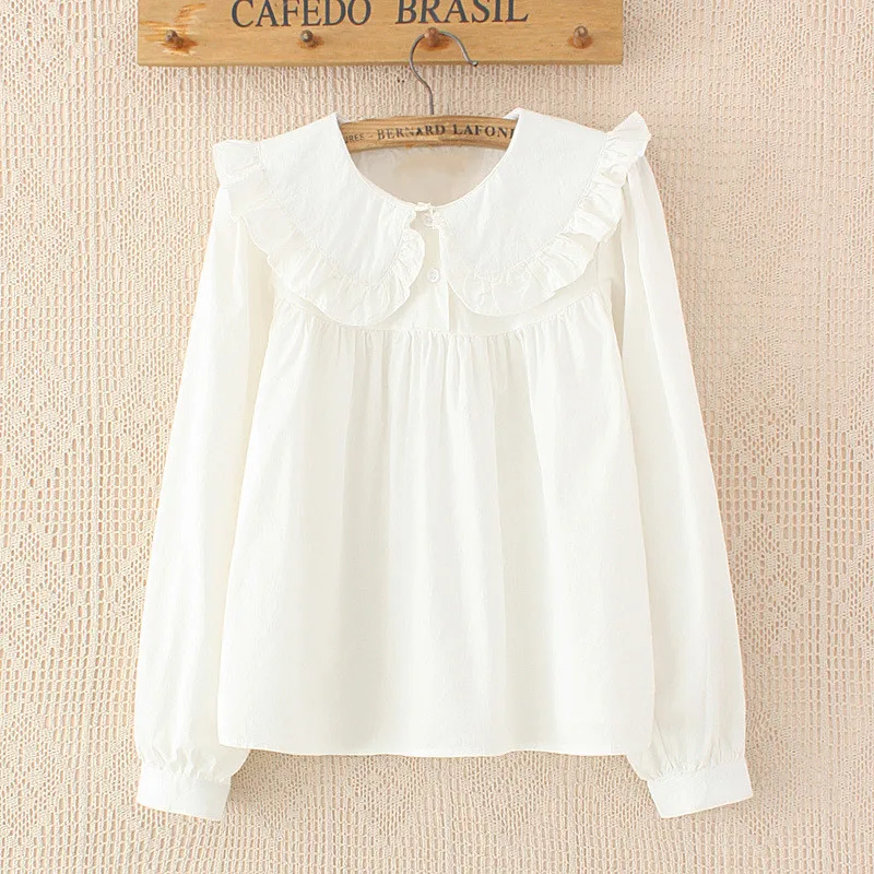 Chemise à carreaux à manches longues pour femmes, chemisiers blancs en coton, col claudine, poupée bébé mignonne, fille Mori japonaise, printemps et