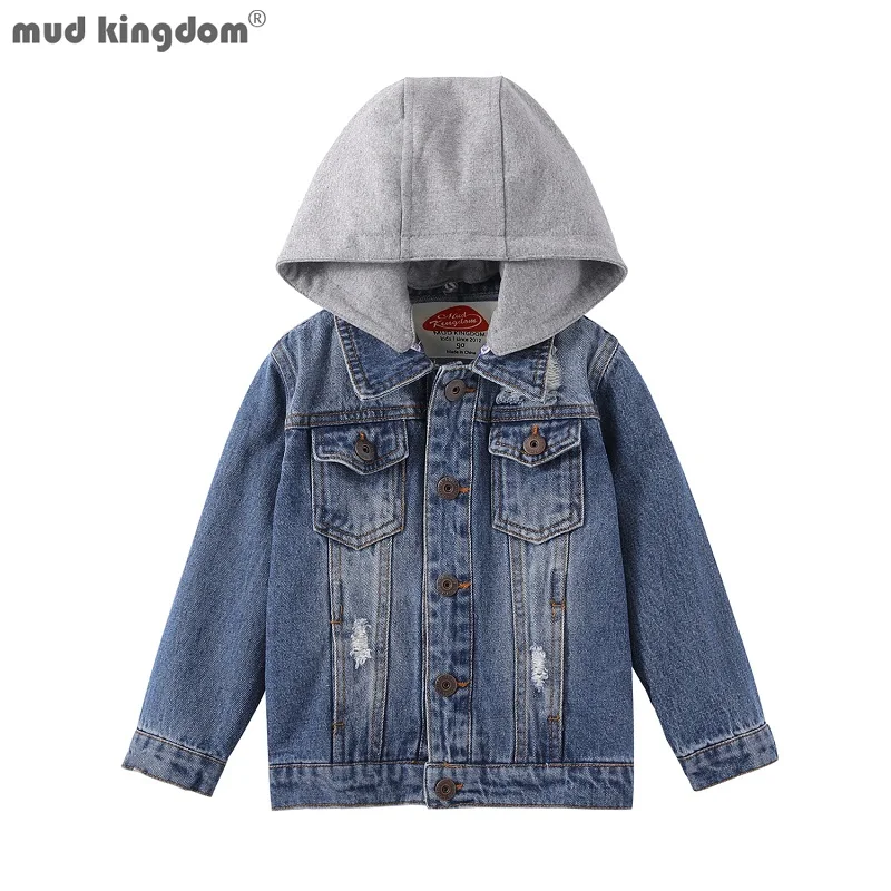 

Mudkingdom Young Boys Girls Denim Jacket with Removable Hood for Kids Clothes Ripped Pocket Jean Coats Children Outerwear Tops