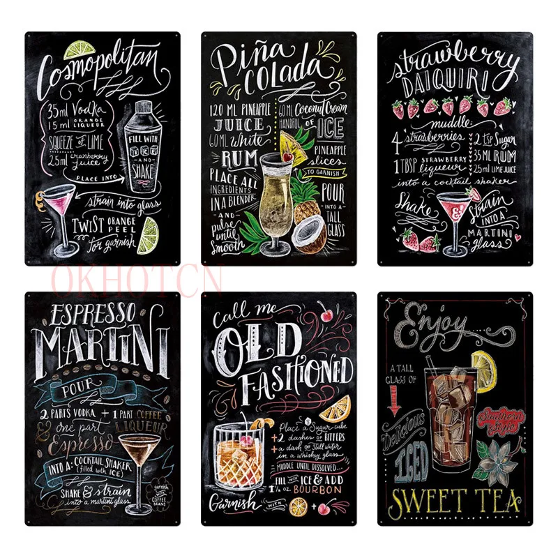 Bar Open Beer Drinks Metal Tin Signs Mojito Martini Iced Tea Cuban Cocktail Billboard Plaques Pub Bar Retro Art Wall Decor