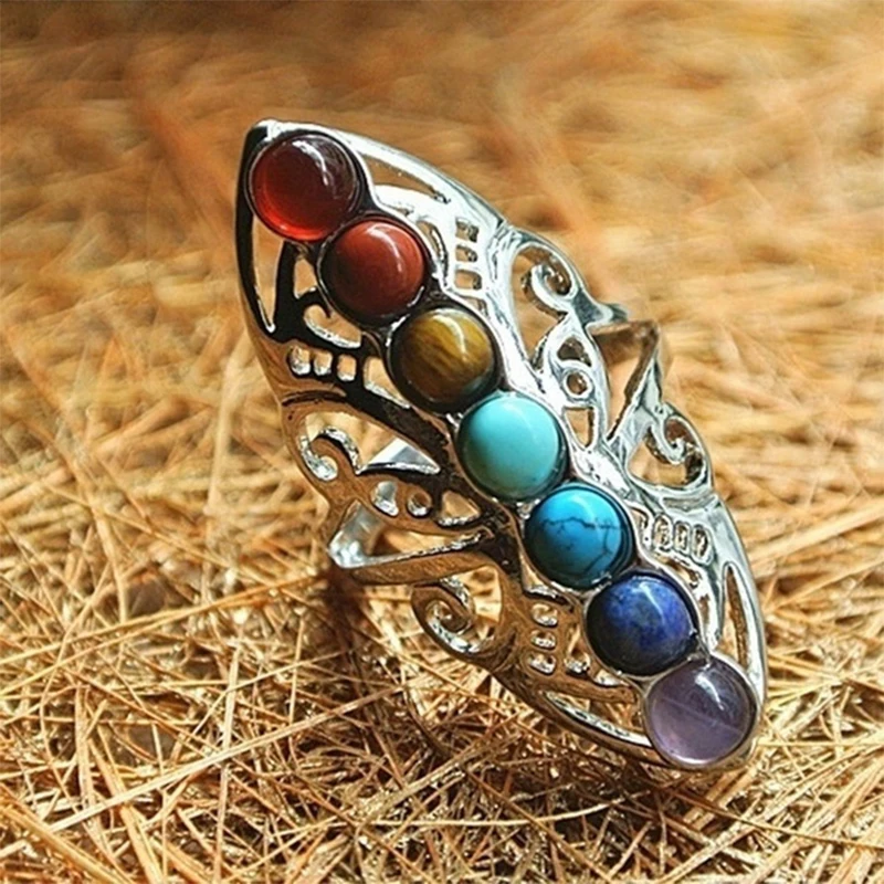 

7 Chakras Beads Rings for Vintage Hollow Silver Color Plated Yoga Tiger Eyes Stone Adjustable Open Ring Boho Ethnic Jewelry