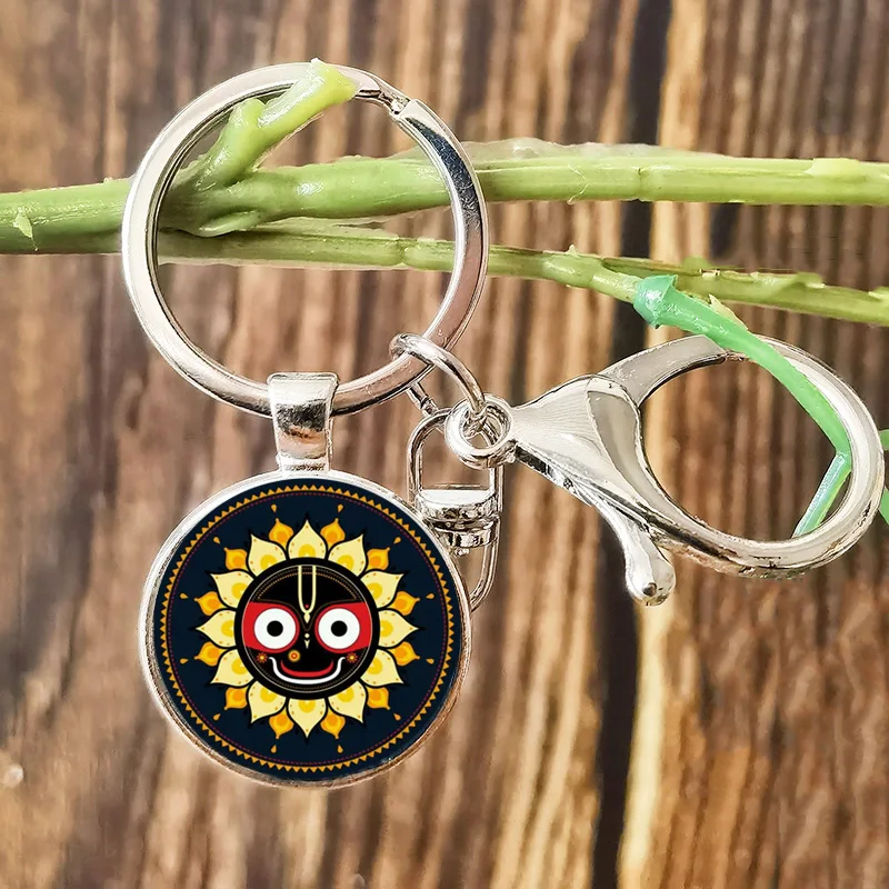 Retro Lord Jagannath Keychain for Men Women India God Face Lotus Cartoon Art Pattern Glass Dome Pendant Key Ring Bag Accessories