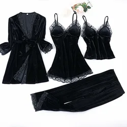 2022 Black Lace Gold Velvet 4 Pieces Women Warm Winter Pajamas Sets With Pants Sexy Robe Pajamas Sleepwear Sleeveless Nightwear