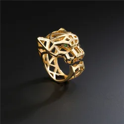 Trendy Hollow Leopard Animal Finger Ring Green Eyes Hollow Panther Heads Index Finger Ring for Men Women Party Jewelry