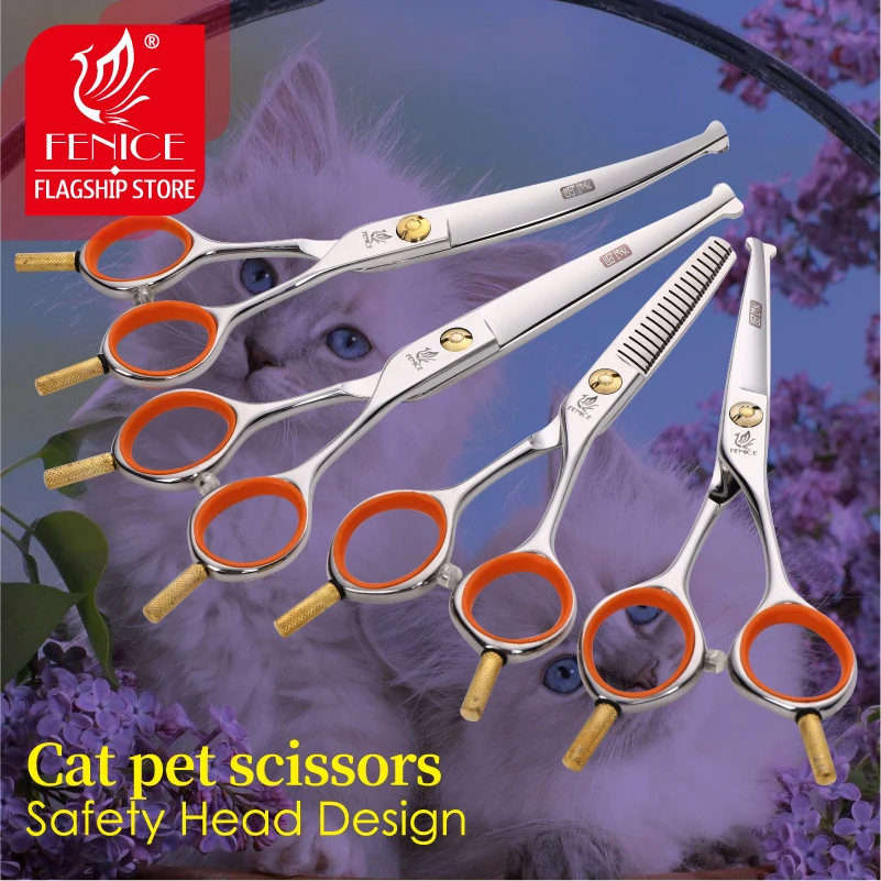 Fenice 5.0/6.0/4.75 inch Pet Grooming Cutting Curved Shears with Safety Round Tips Thinning Scissors for Cats Japan 440C