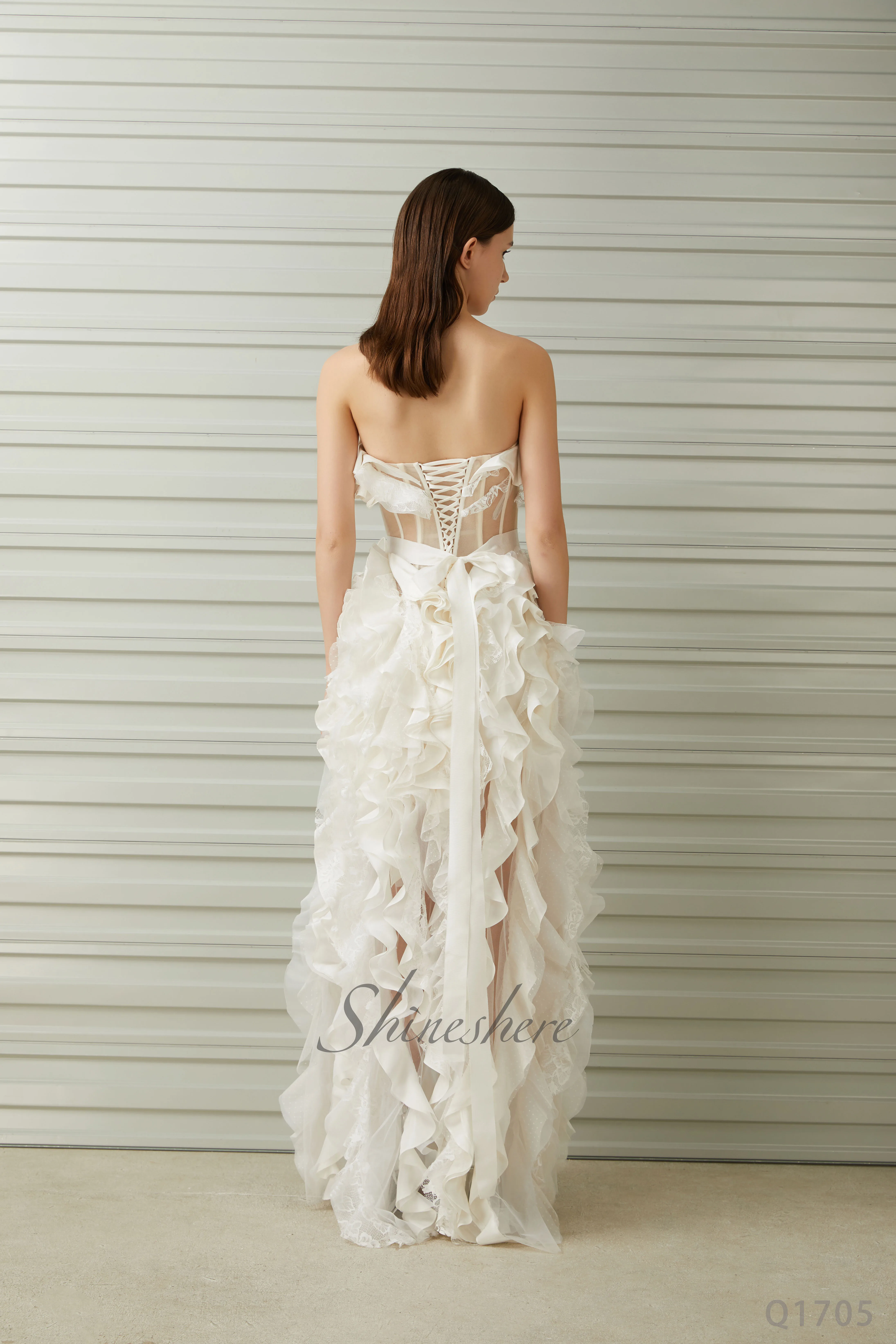 Jusere bridal dress strapless high-low dress with sweep train ivory ruffle wedding dress bridal gown