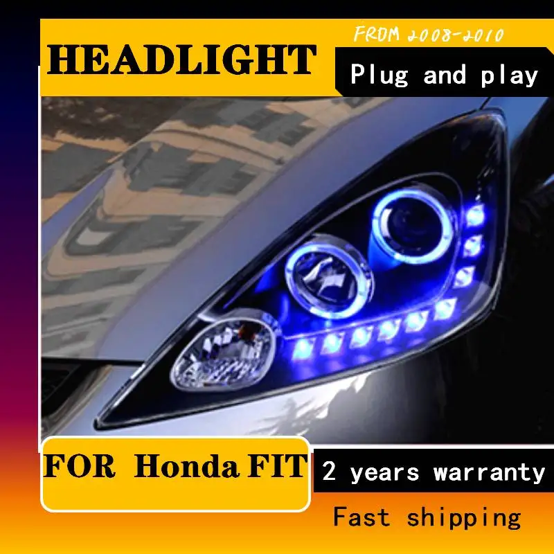 

Car Styling Head Lamp For Honda Fit Jazz Headlights 2008-2012 Blue LED DRL Angel Eyes Double Lens Bi Xenon Hid High Low Beam